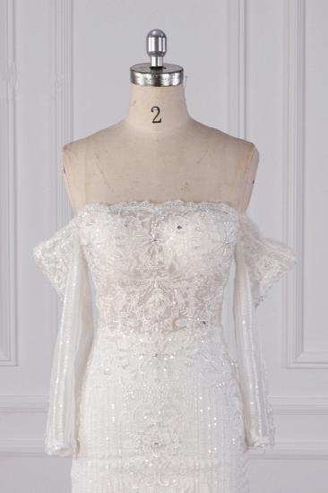 TsClothzone Wunderschönes trägerloses weißes Tüll-Spitzen-Hochzeitskleid mit langen Ärmeln und Perlenbesatz Brautkleider im Angebot_5