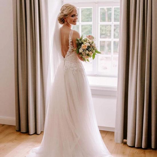 Weißes Tüll einfaches Hochzeitskleid ärmelloses V-Ausschnitt langes Kleid für die Braut_3