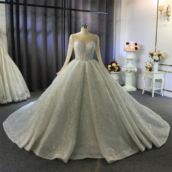 Glänzendes Duchesse-Tüll-Juwelen-Hochzeitskleid mit langen Ärmeln und Rüschen_7