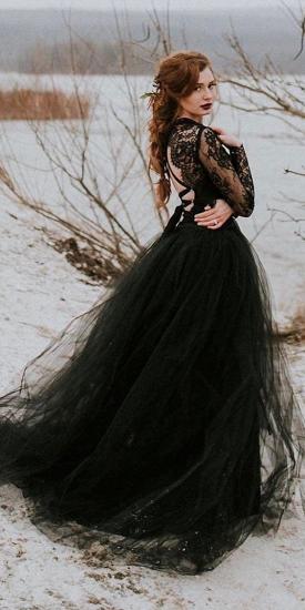 Black Gothic Fairytale Wedding Dress Tulle Long Sleeves Side Split Party Dress_3