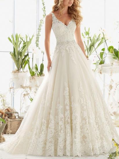 A-Line Wedding Dresses V-Neck Lace Straps Bridal Gowns with Court Train_1
