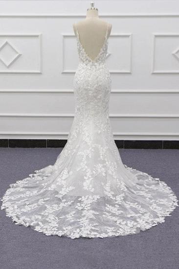 Schicke Spaghetti-Träger Ärmelloses Meerjungfrau-Hochzeitskleid | Brautkleider aus weißer Spitze mit Applikationen_3