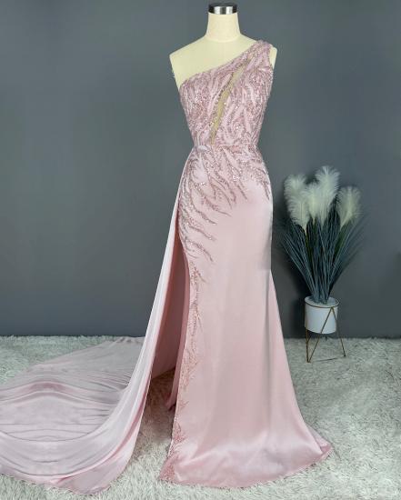 Peark pink One shoulder Sparkle beaded Prom Dresses_2