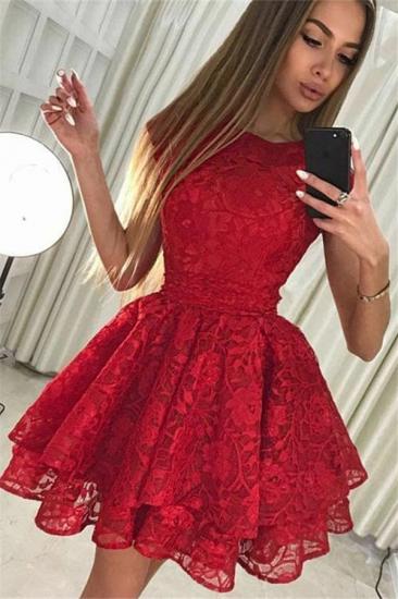 Simple A-Line Lace Short Homecoming Dresses | 2022 Red Cap Sleeves Hoco Dresses