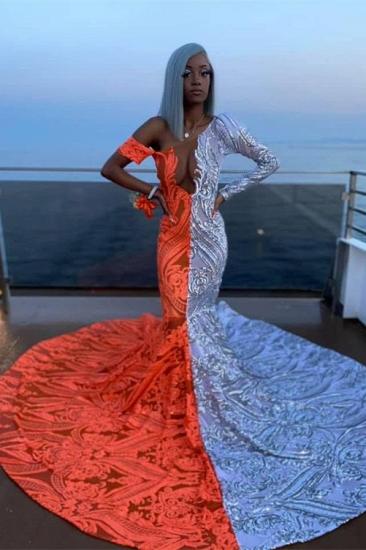 Half half sequin mermaid off the shoulder prom dress with court train_1
