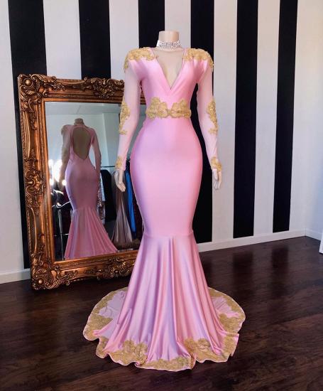 V-neck Long Sleeves Open Back Pink Mermaid Appliques Prom Gowns_2