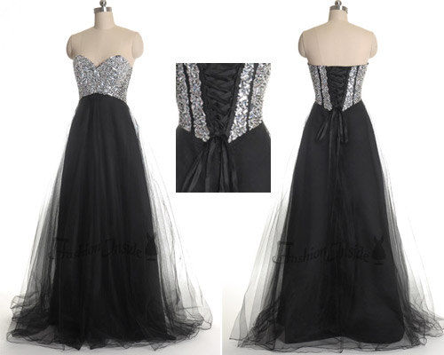 Crystal Sweetheart Black Long Prom Dress with Rhinestone Latest Lace-Up Custom Made Dresses_2