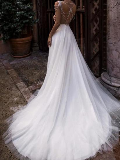 Beach  Boho A-Line Wedding Dress Jewel Chiffon Lace Tulle Sleeveless Sexy See-Through Bridal Gowns with Court Train_3