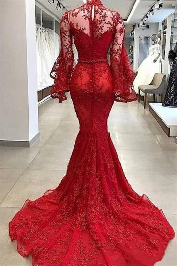 Long Sleeves High Neck Lace Red Evening Dresses | Mermaid Beads Bell Sleeves Prom Dress 2022_2
