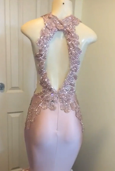 Sexy Open Back Pink Mermaid Günstige Ballkleider auf Schaufensterpuppen | Ärmellose Appliques Abschlusskleider Online_3