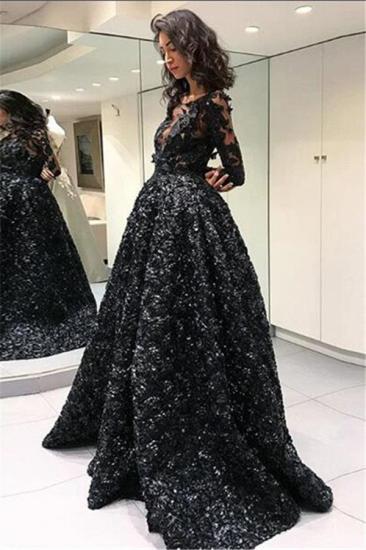 Glamorous Black Elegant Long Sleeves Evening Dresses Online | 3D Flowers Sexy Open Back Prom Dresses_3
