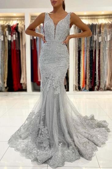Glamorous Grey Sleeveless Mermaid Ball Gown V Neck Tulle Lace Evening Dress