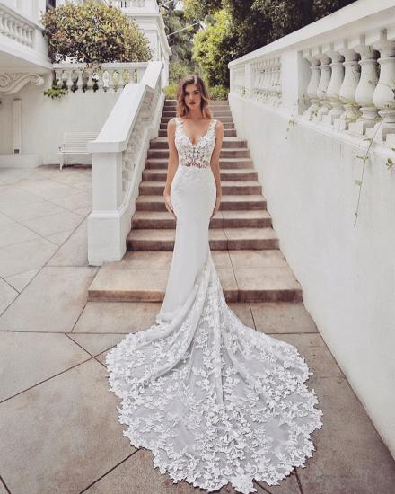Gorgeous Train Sleeveless V-neck Lace mermaid wedding dresses_2