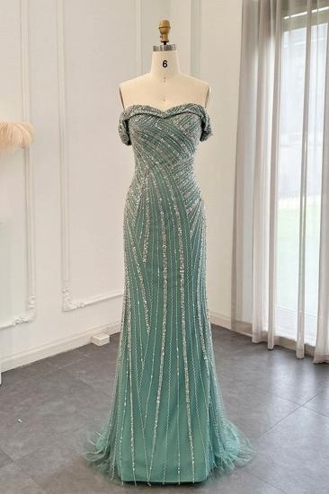 Charming Strapless Beading Mermaid Evening Dress Dubai Tulle Party Gown with Sweep Train_3