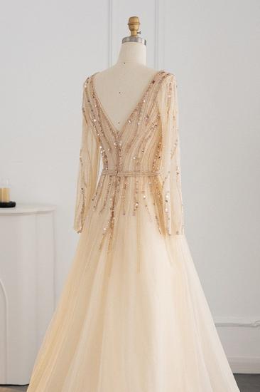 Elegant Sequins Beading A-line Eveing Party Dress V-neck Long Sleeves Tulle Party Gown_7