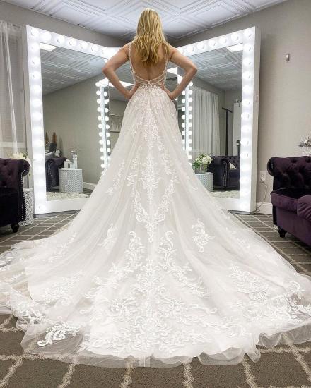 White Lace Wedding Dress Sleeveless V-Neck Tulle Bridal Dress_2