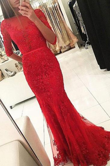 Half Sleeves Tulle Beadings Red Evening Gowns Appliques Mermaid Prom Dress 2022_1