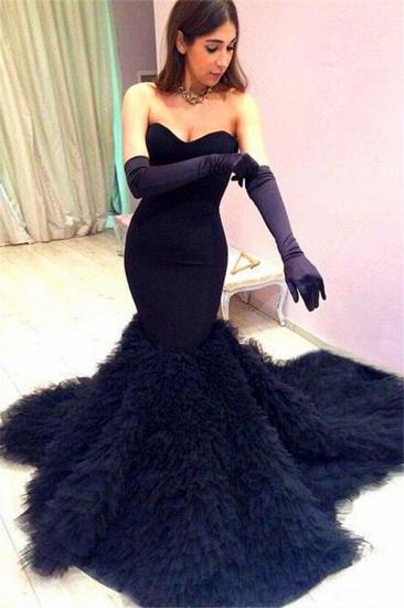 Black Mermaid Sweetheart Prom Dresses 2022 Ruffles Tulle Strapless Cheap Evening Gowns_1