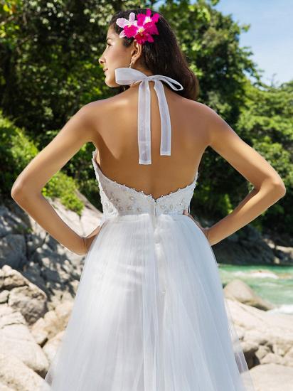Affordable A-Line Wedding Dress Halter Lace Organza Sleeveless Bridal Gowns Open Back with Chapel Train_6