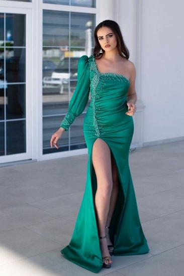 Chic One Shoulder Long Sleeve Prom Dress Mermaid Evening Gowns With Slit