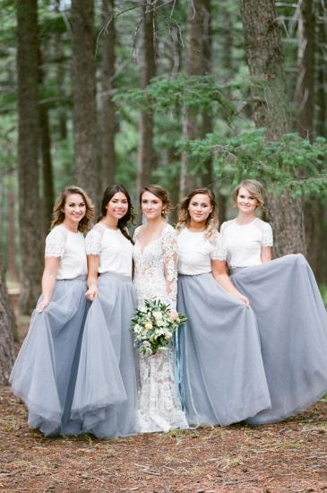 Silver White Lace Short-Sleeve Long Bridesmaid Dresses