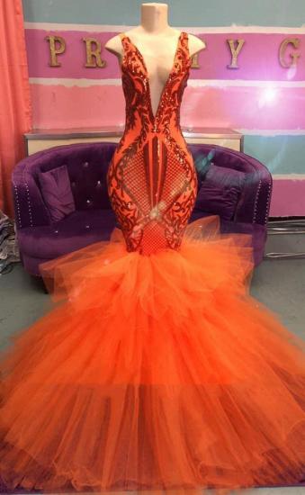 Sexy Sleeveless Deep V-neck Tulle Puffy Train Orange Prom Dress_1