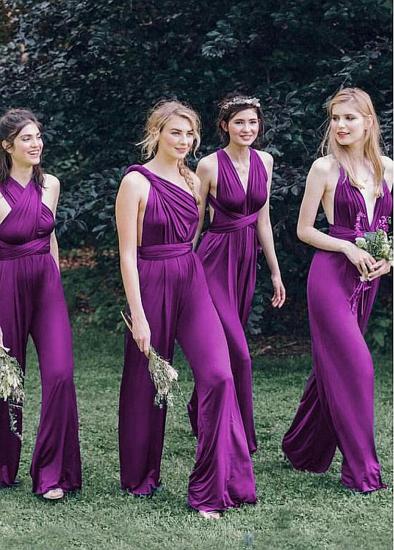 Convertible Jumpsuits Spandex V-neck Purple Full-length Bridesmaid Dress_1