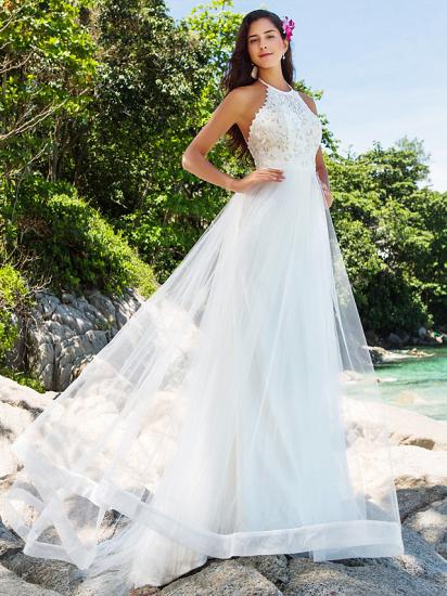 Affordable A-Line Wedding Dress Halter Lace Organza Sleeveless Bridal Gowns Open Back with Chapel Train_2