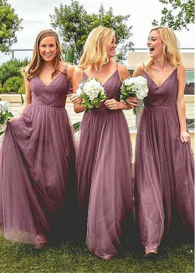 Purple Tulle Spaghetti Straps Long Bridesmaid Dress With Pleats