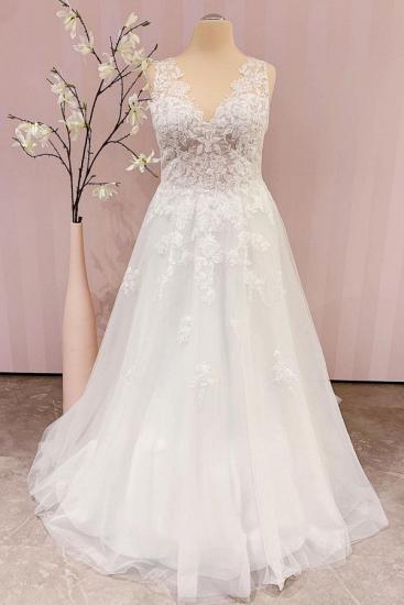 White V-Neck Tulle Lace A-line Simple Wedding Dress_1