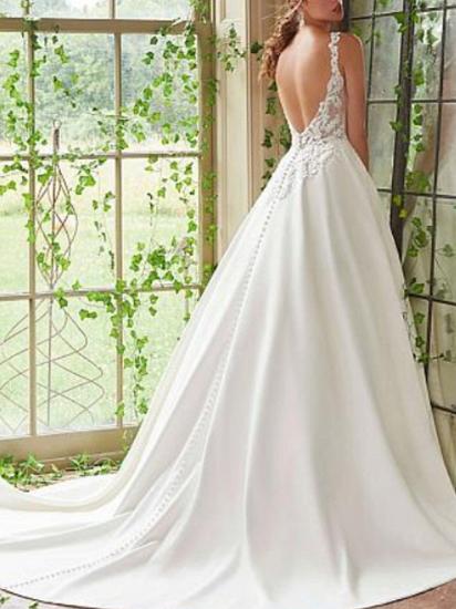 A-Line Wedding Dress V-Neck Lace Satin Spaghetti Strap Bridal Gowns Court Train_2