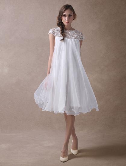 Sweet Short Sleeves Tulle Lace Knee-Length Bow Wedding Dresses_6