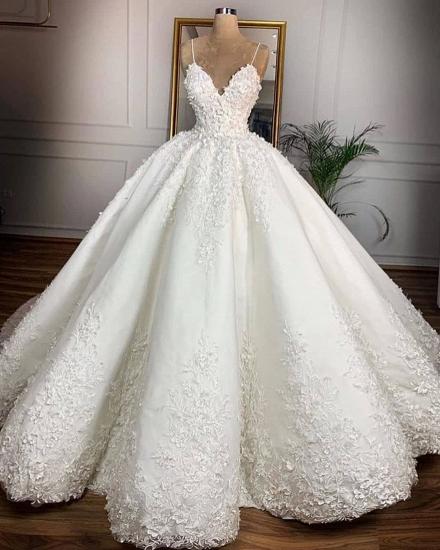 Gorgeous V-Neck Lace Appliques Spaghetti Ball Gown Wedding Dress_2