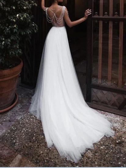 Beach  Boho A-Line Wedding Dress Jewel Chiffon Lace Tulle Sleeveless Sexy See-Through Bridal Gowns with Court Train_2
