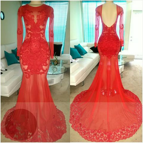 Red Long Sleeves Backless Prom Dresses Cheap | 2022 Tulle Appliques Evening Dresses_3