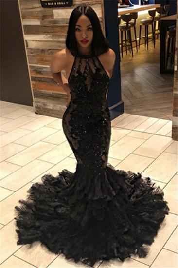 Elegant Black Mermaid Halter Sleeveless Open Back Applique Prom Dresses