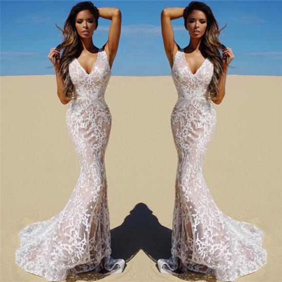 V-neck Sleeveless Mermaid Lace Prom Dresses Cheap | Sexy Evening Dress with Nude Lining_3