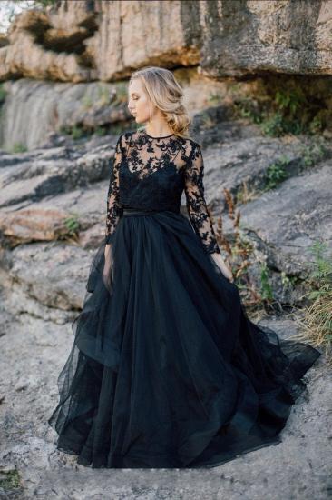 Long SLeeves Black Tulle Wedding Dress Floral Lace Aline Formal Dress_1