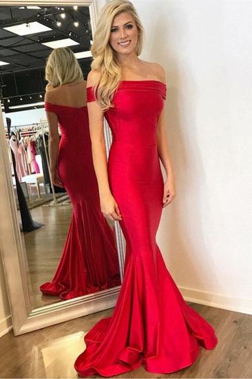 2022 Einfache rote Meerjungfrau schulterfreie Abendkleider | Sweep Zug Rüschen Ballkleider
