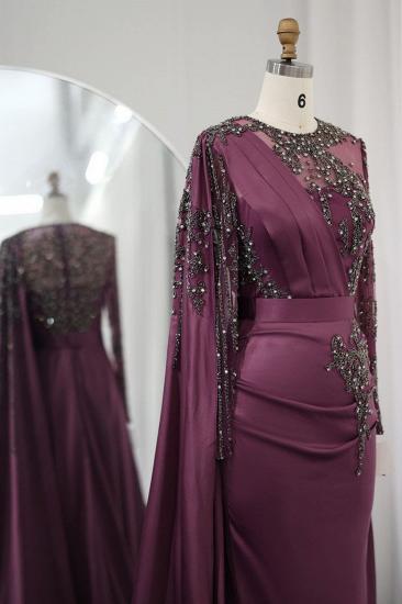 Gorgeous Long Sleeves Ruffle Satin Mermaid Evening Gown Dubai Formal Dress with Rhinstones Embellishments_3