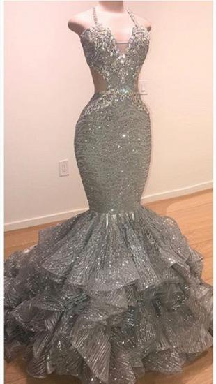 Spaghetti Straps Open Back Silver Grey Prom Dresses | Mermaid Tiered Ruffles Sexy Formal Dresses Cheap_1