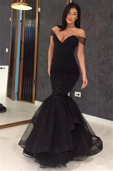 Alluring Black Off-the-Shoulder Applique Prom Dresses | Ruffles Sexy Mermaid Evening Dresses