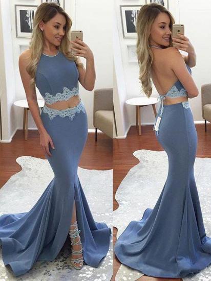 Mermaid Appliques Sexy Front-Split Halter Two-Pieces Backless Prom Dress