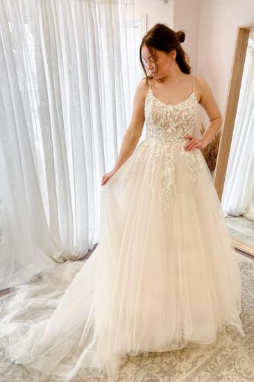 Spaghetti Strapes Floral Lace Aline Long Wedding Dress_1