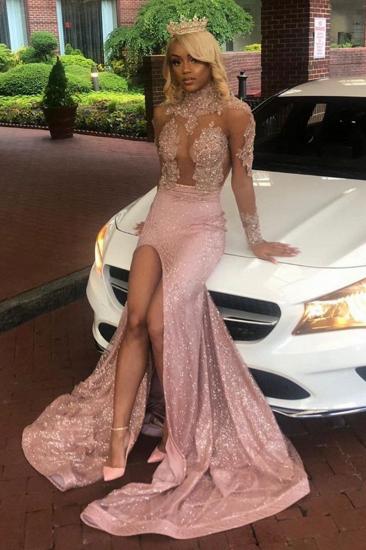 Long Sleeve Sexy Slit Pink Prom Dresses Cheap | Beads Appliques Sheer Tulle Long Formal Dresses_1