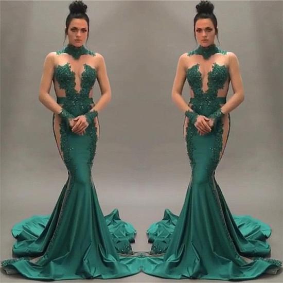 Nude Tulle Beaded Lace Sexy Prom Dresses | 2022 Long Sleeve Green Cheap Evening Gown_3
