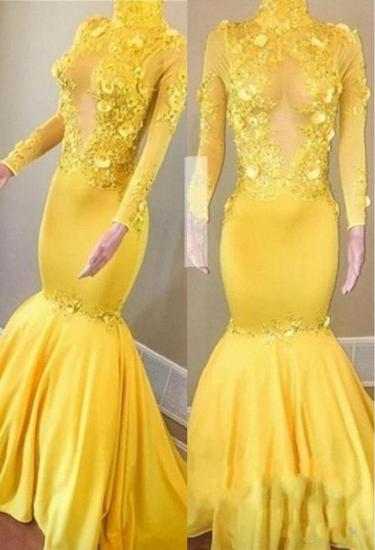 Yellow High Neck Flower Appliques Mermaid Long Sleeves Prom Dresses