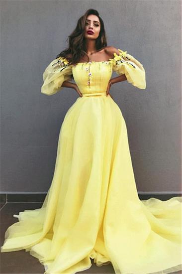 Yellow Off the Shoulder Half Sleeves Evening Dresses | New in Crystals Formal Dresses Online_2