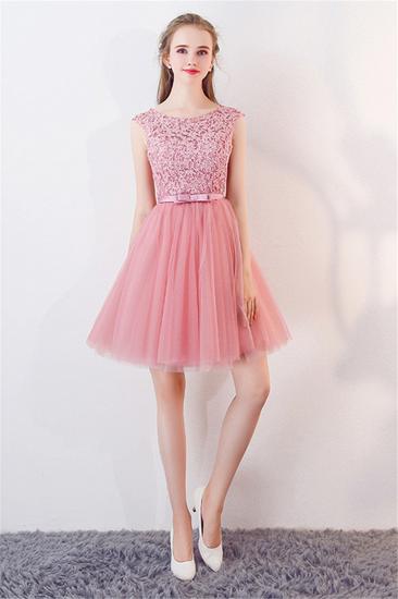 Tulle Short Sleeveless Lace Bowknot Pink Homecoming Dresses_4