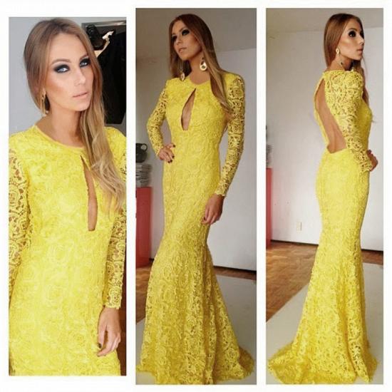 Yellow Long Sleeve Lace Prom Gowns 2022 Mermaid Sweep Train Sexy Evening Dresses_2